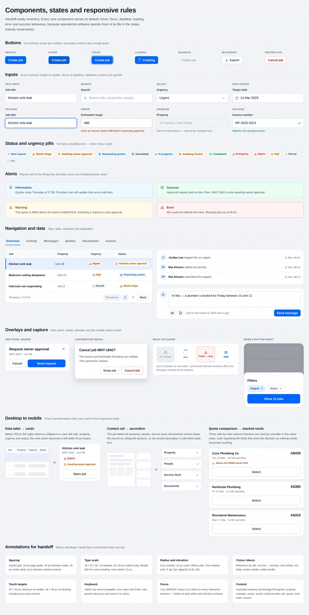 Reusable component states and responsive transformations used across the property-maintenance platform.