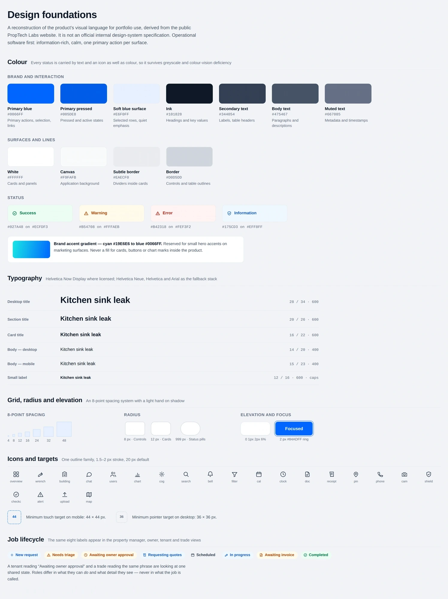 Project design foundations covering typography, colour, spacing and common interface rules.