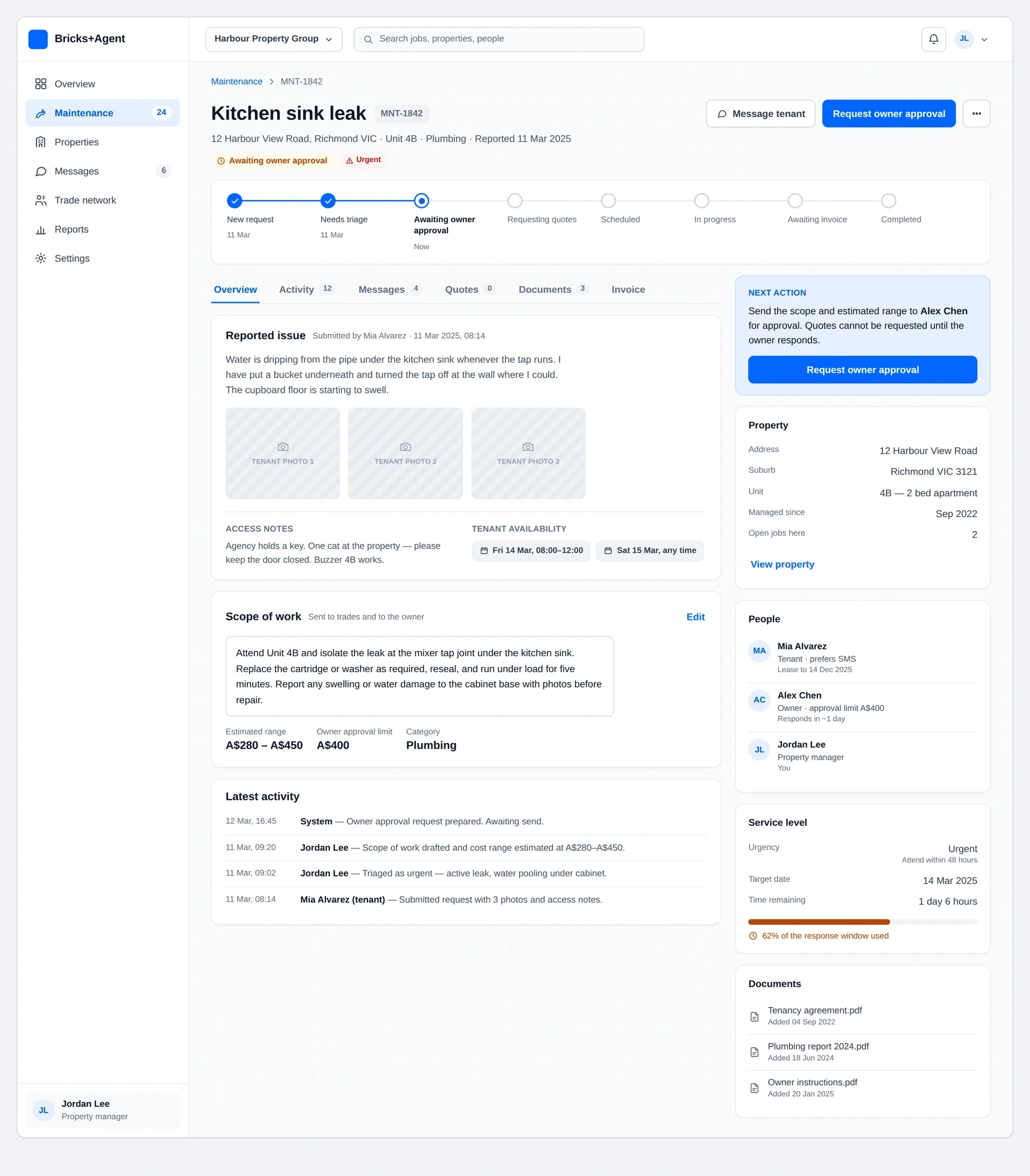 Maintenance job record showing details, current status, activity history and the next required action.