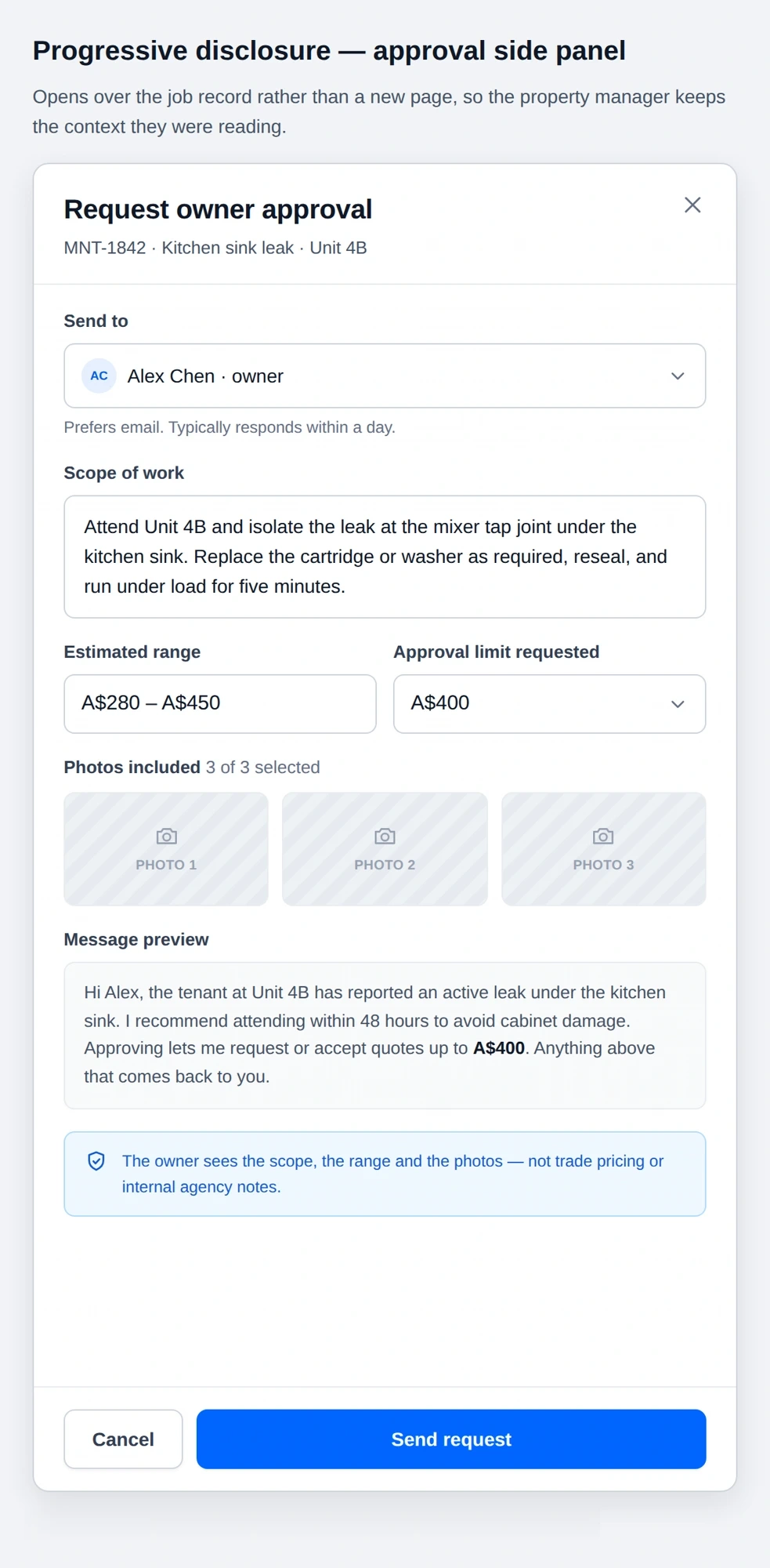 Responsive owner-approval interface showing maintenance context, quote information and approval actions.