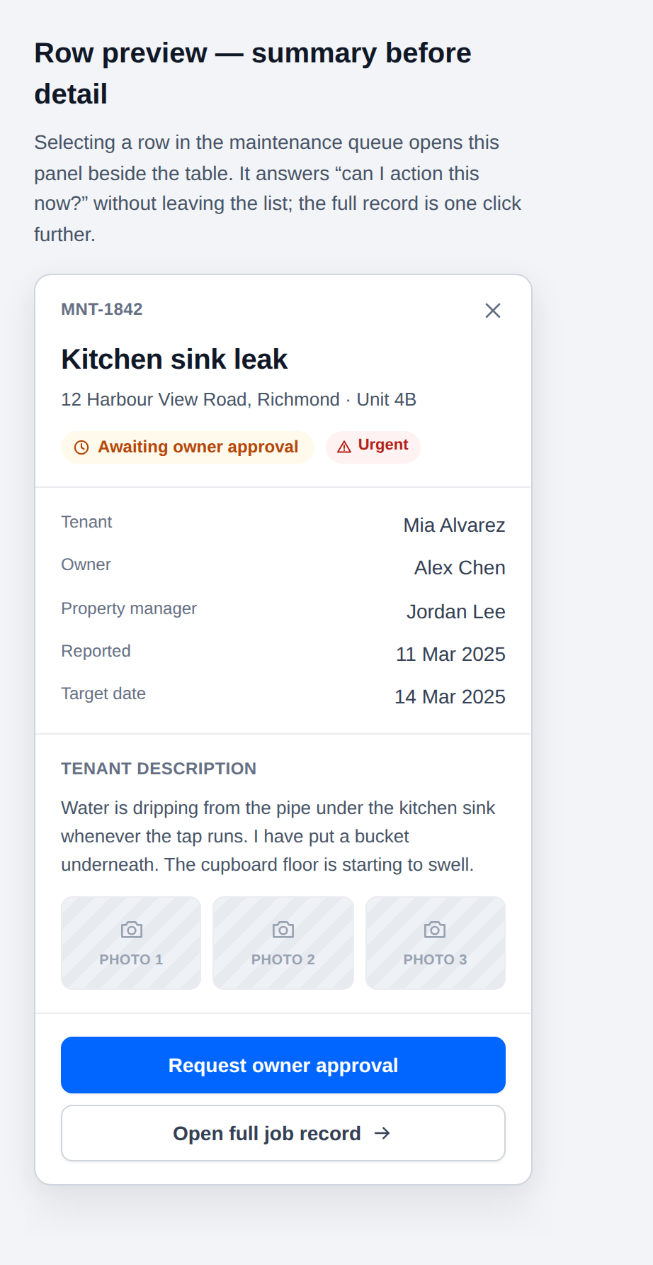 Focused preview of a selected maintenance request.