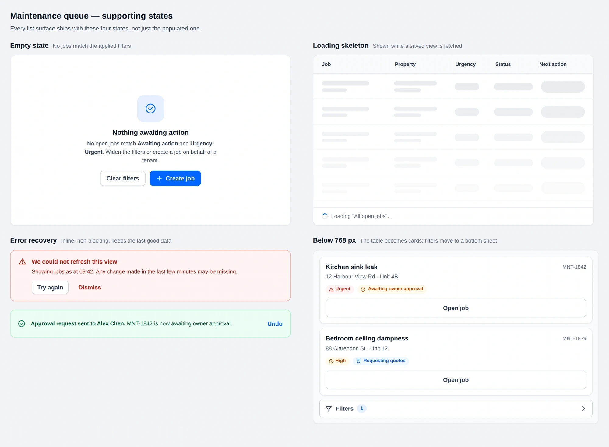Maintenance queue variations showing supporting interface states.