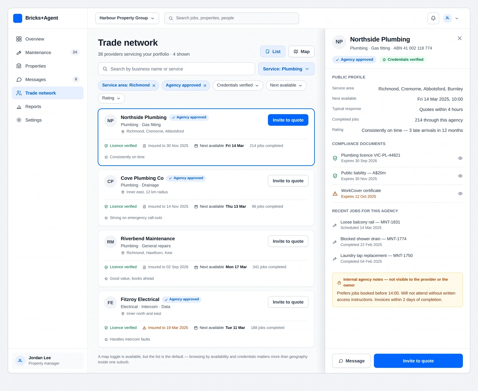 Trade-provider selection and assignment workspace connected to a property-maintenance request.